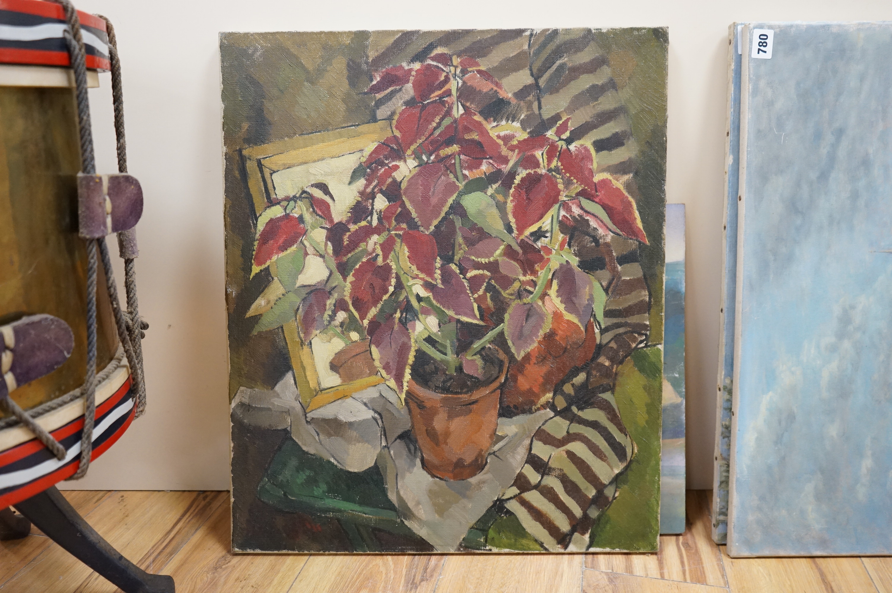 D. Sisman, still life of a potted plant, signed verso, oil on canvas, unframed, 61 x 51cm